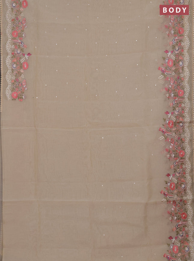 Semi Chanderi Saree beige with mirror work buttas and embroidery work border