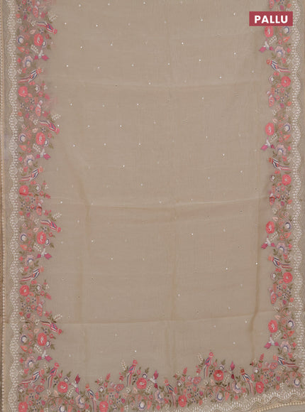 Semi Chanderi Saree beige with mirror work buttas and embroidery work border