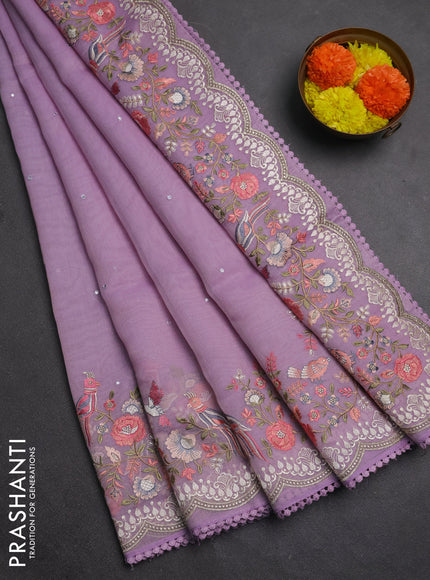 Semi Chanderi Saree lavender with mirror work buttas and embroidery work border