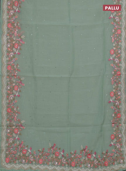 Semi Chanderi Saree pastel green with mirror work buttas and embroidery work border
