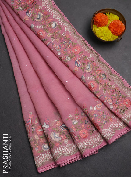 Semi Chanderi Saree light pink with mirror work buttas and embroidery work border