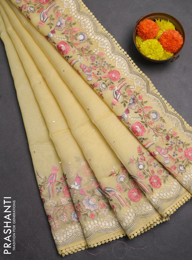 Semi Chanderi Saree yellow with mirror work buttas and embroidery work border