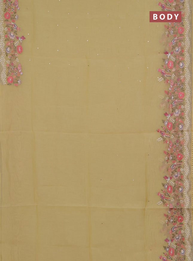 Semi Chanderi Saree yellow with mirror work buttas and embroidery work border