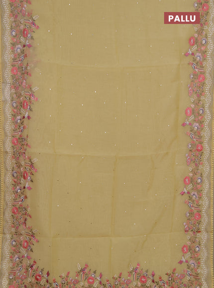 Semi Chanderi Saree yellow with mirror work buttas and embroidery work border