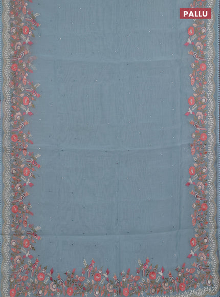 Semi Chanderi Saree teal blue with mirror work buttas and embroidery work border