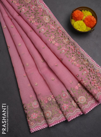 Semi Chanderi Saree pink with floral embroidery work buttas and embroidery work border