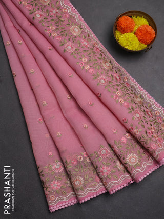 Semi Chanderi Saree pink with floral embroidery work buttas and embroidery work border