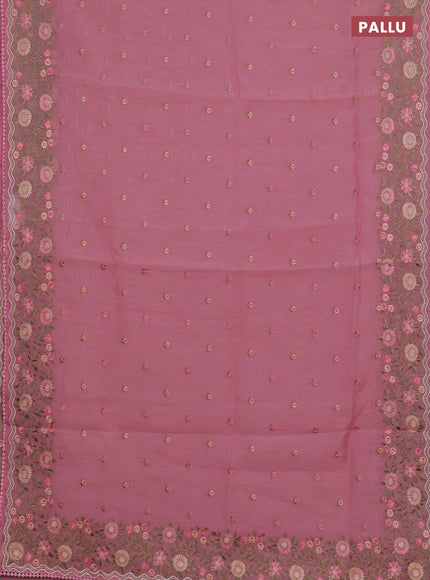 Semi Chanderi Saree pink with floral embroidery work buttas and embroidery work border