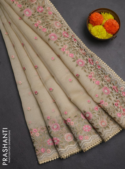 Semi Chanderi Saree beige with floral embroidery work buttas and embroidery work border