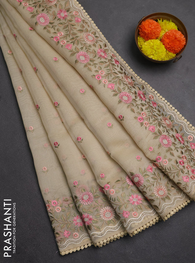 Semi Chanderi Saree beige with floral embroidery work buttas and embroidery work border