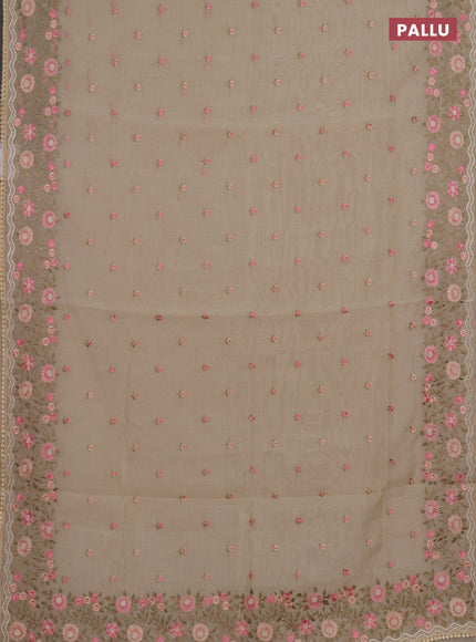 Semi Chanderi Saree beige with floral embroidery work buttas and embroidery work border