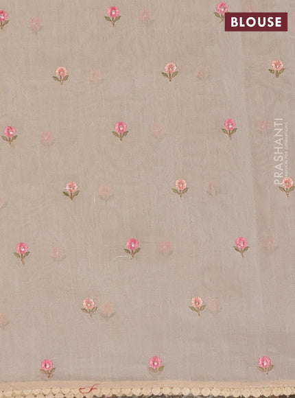 Semi Chanderi Saree beige with floral embroidery work buttas and embroidery work border