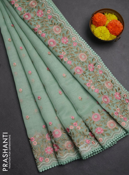 Semi Chanderi Saree pastel green with floral embroidery work buttas and embroidery work border