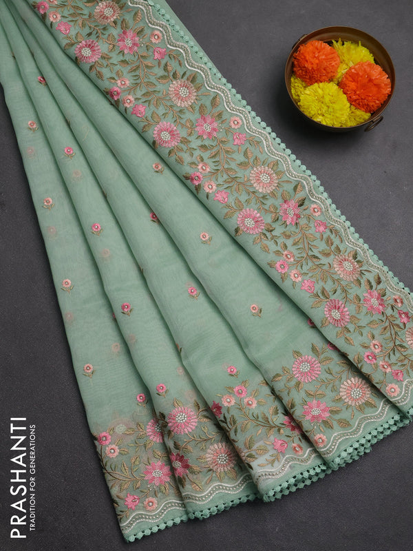 Semi Chanderi Saree pastel green with floral embroidery work buttas and embroidery work border