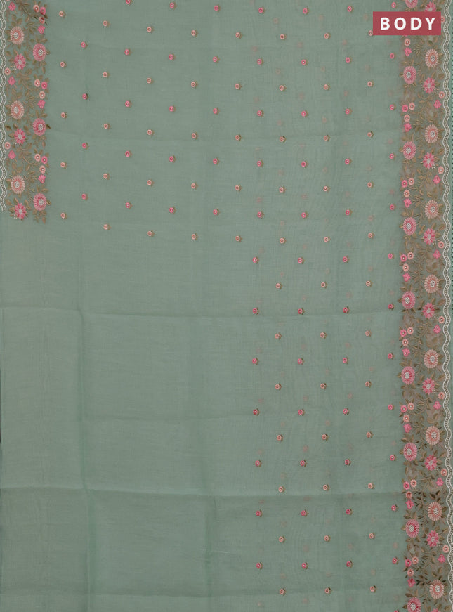 Semi Chanderi Saree pastel green with floral embroidery work buttas and embroidery work border