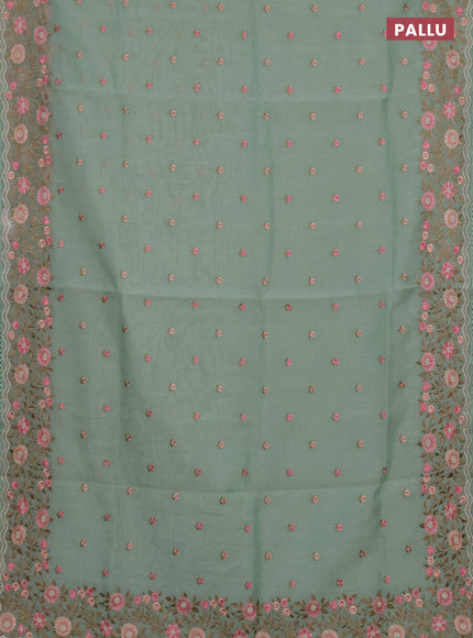 Semi Chanderi Saree pastel green with floral embroidery work buttas and embroidery work border