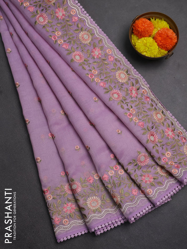 Semi Chanderi Saree lavender with floral embroidery work buttas and embroidery work border