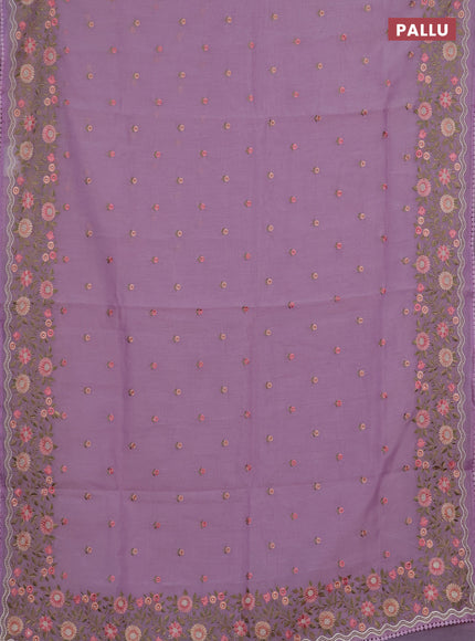 Semi Chanderi Saree lavender with floral embroidery work buttas and embroidery work border