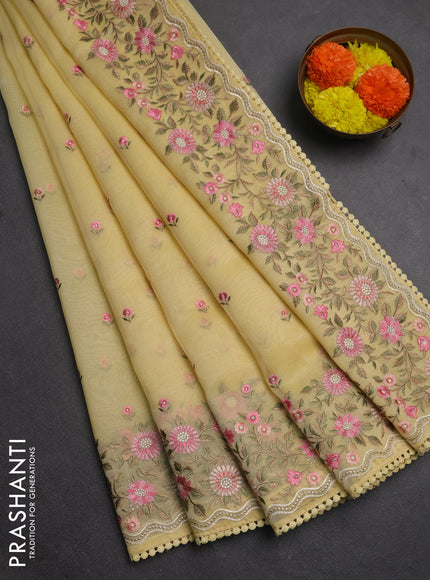 Semi Chanderi Saree yellow with floral embroidery work buttas and embroidery work border