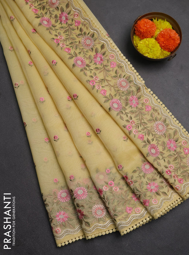 Semi Chanderi Saree yellow with floral embroidery work buttas and embroidery work border