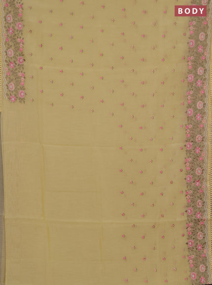 Semi Chanderi Saree yellow with floral embroidery work buttas and embroidery work border