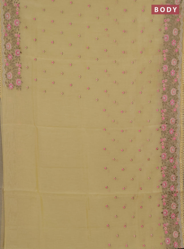 Semi Chanderi Saree yellow with floral embroidery work buttas and embroidery work border