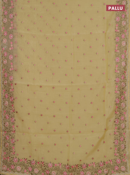 Semi Chanderi Saree yellow with floral embroidery work buttas and embroidery work border