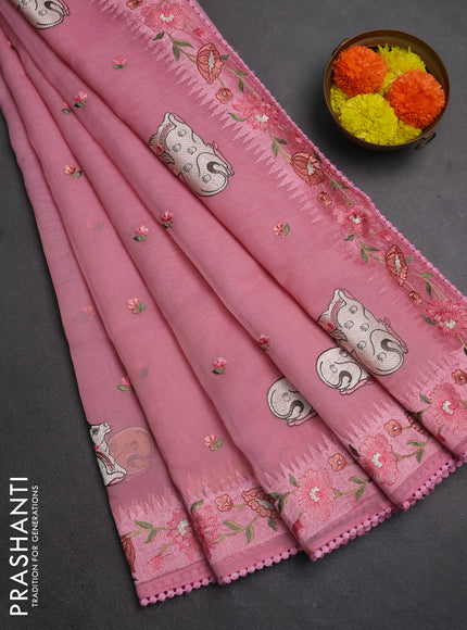 Semi Chanderi Saree light pink with pichwai embroidery work buttas and embroidery work border