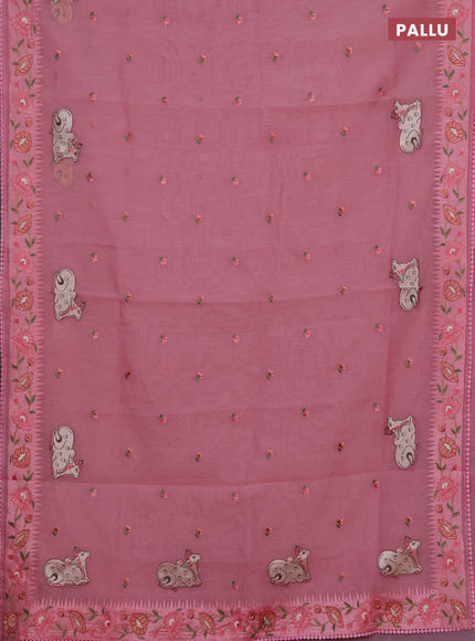 Semi Chanderi Saree light pink with pichwai embroidery work buttas and embroidery work border