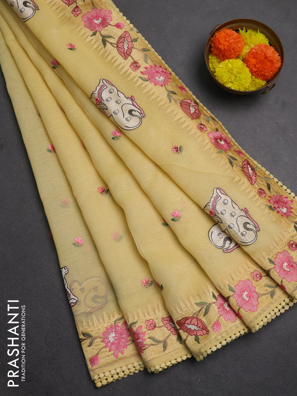 Semi Chanderi Saree yellow with pichwai embroidery work buttas and embroidery work border
