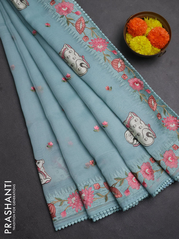 Semi Chanderi Saree teal blue with pichwai embroidery work buttas and embroidery work border