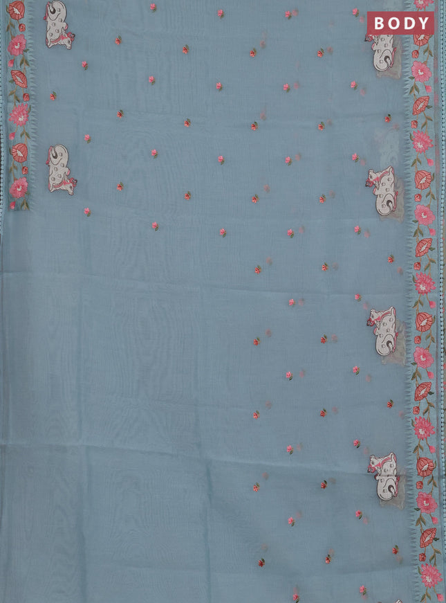 Semi Chanderi Saree teal blue with pichwai embroidery work buttas and embroidery work border