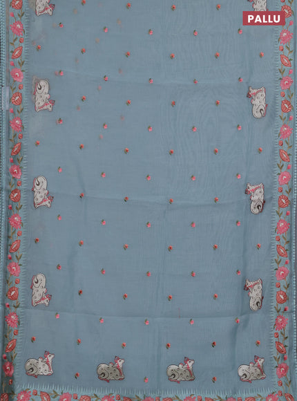 Semi Chanderi Saree teal blue with pichwai embroidery work buttas and embroidery work border