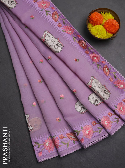 Semi Chanderi Saree lavender with pichwai embroidery work buttas and embroidery work border