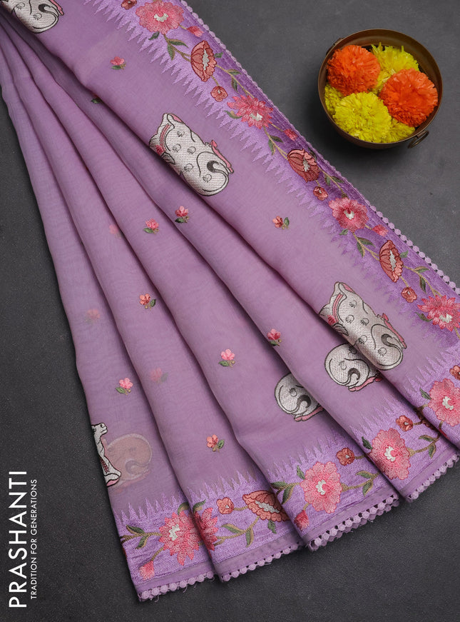 Semi Chanderi Saree lavender with pichwai embroidery work buttas and embroidery work border