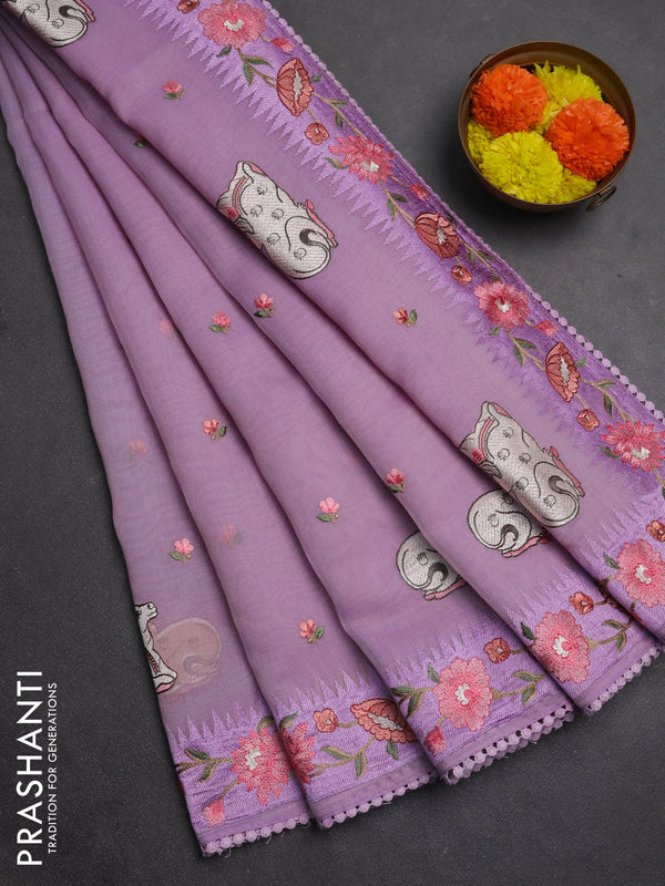 Semi Chanderi Saree lavender with pichwai embroidery work buttas and embroidery work border
