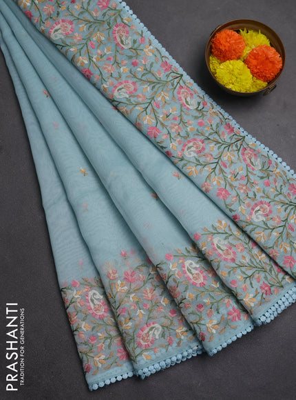 Semi Chanderi Saree teal blue with embroidery work buttas and embroidery work border