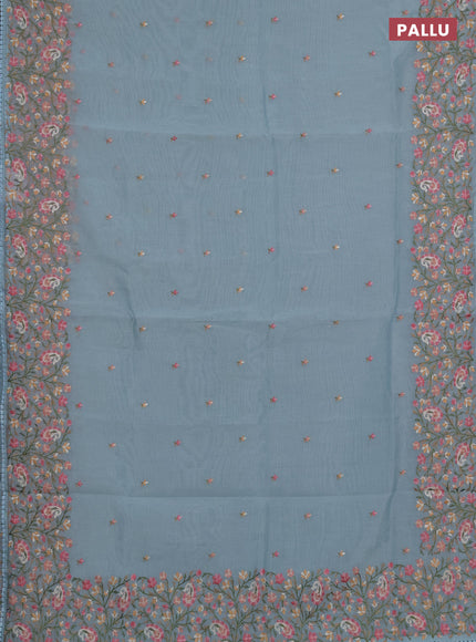 Semi Chanderi Saree teal blue with embroidery work buttas and embroidery work border