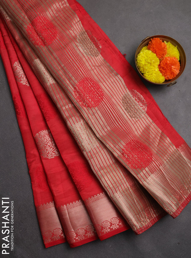 Semi raw silk saree red with allover thread & zari woven buttas and zari woven border