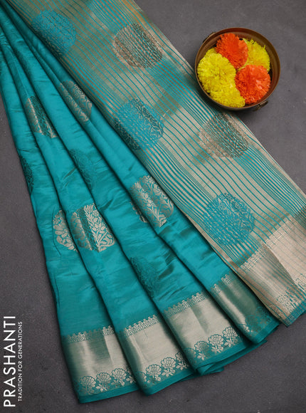 Semi raw silk saree teal green with allover thread & zari woven buttas and zari woven border