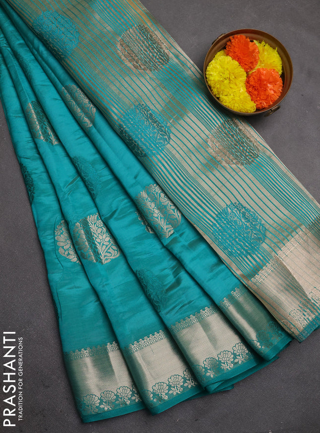 Semi raw silk saree teal green with allover thread & zari woven buttas and zari woven border