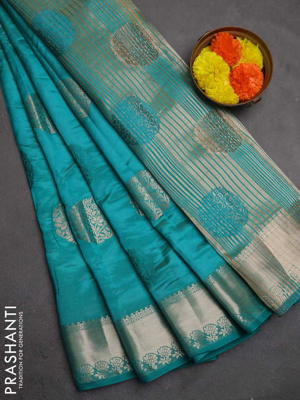 Semi raw silk saree teal green with allover thread & zari woven buttas and zari woven border