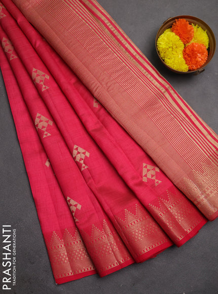Semi raw silk saree tomato pink with allover thread & zari woven buttas and zari woven border