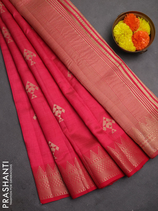Semi raw silk saree tomato pink with allover thread & zari woven buttas and zari woven border