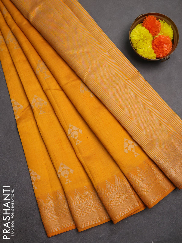 Semi raw silk saree mango yellow with allover thread & zari woven buttas and zari woven border