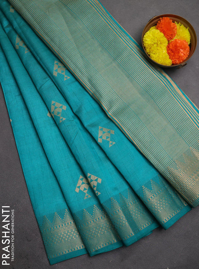 Semi raw silk saree teal green with allover thread & zari woven buttas and zari woven border