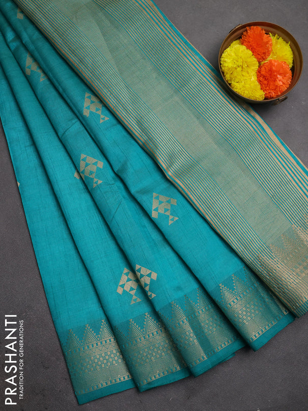 Semi raw silk saree teal green with allover thread & zari woven buttas and zari woven border