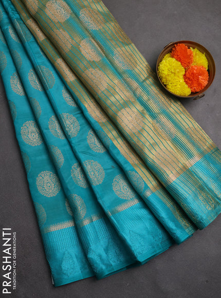 Semi raw silk saree teal green with allover thread & zari woven buttas and thread woven border