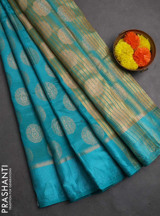 Semi raw silk saree teal green with allover thread & zari woven buttas and thread woven border