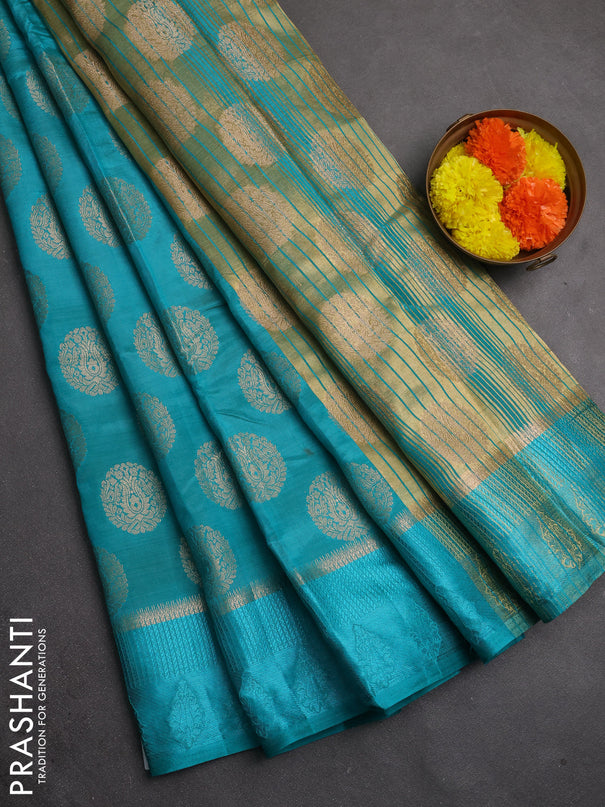 Semi raw silk saree teal green with allover thread & zari woven buttas and thread woven border